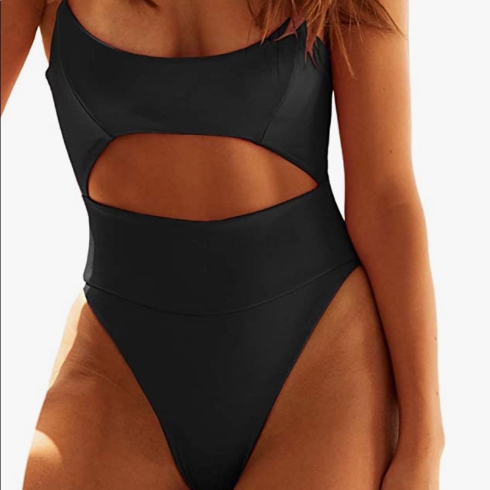 Black one piece swimsuit with cut out detail
